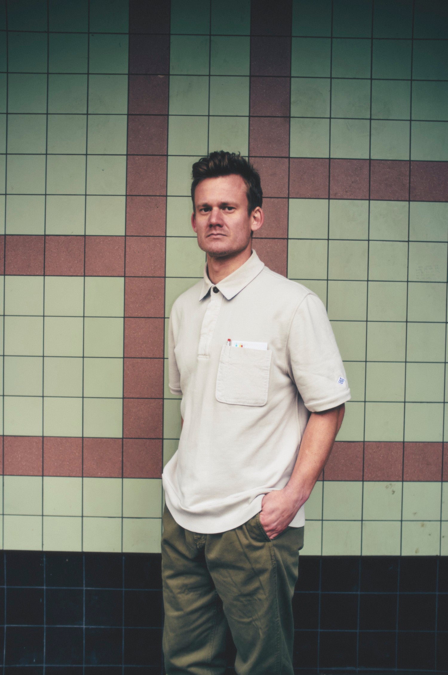 The Fife golf polo in holy stone. full length front
